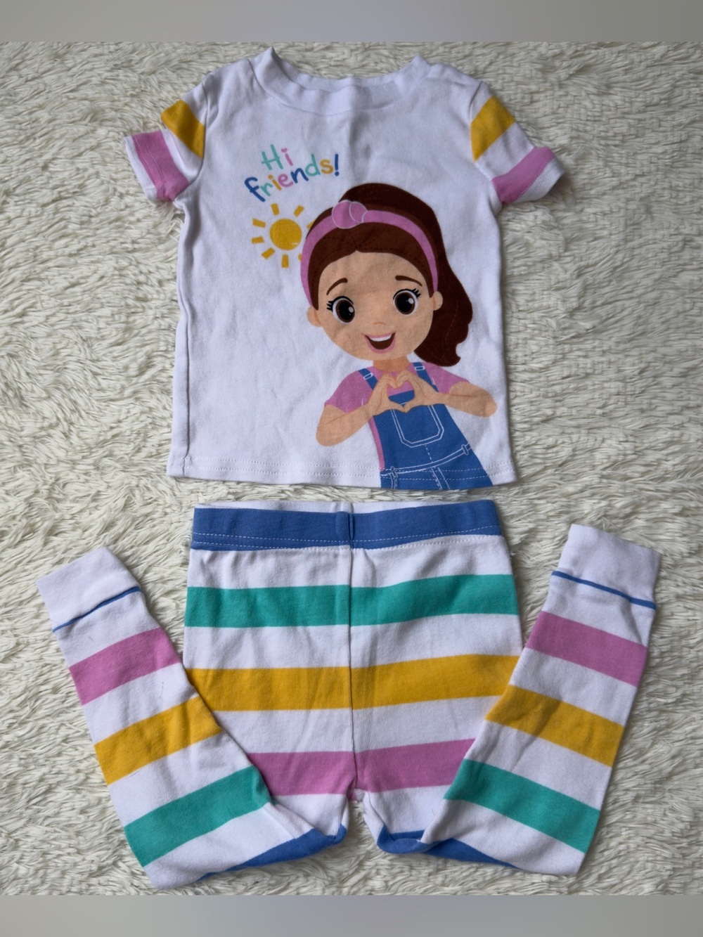 Girls White Character Pajama Set with Pink, Yellow, Blue & Green Stripes